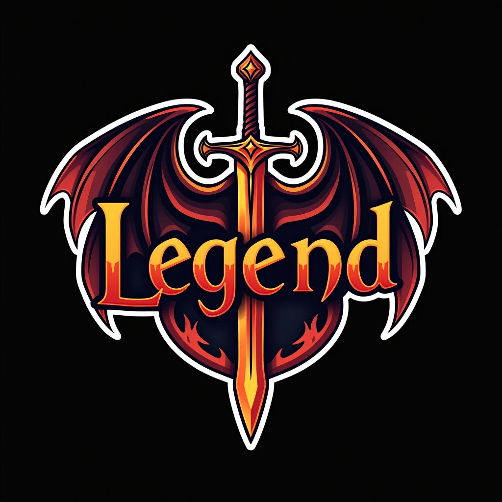  design a logo, custom sticker design on an isolated black background with the words ‘legend’ in bold font decorated by mythical dragons and a flaming sword