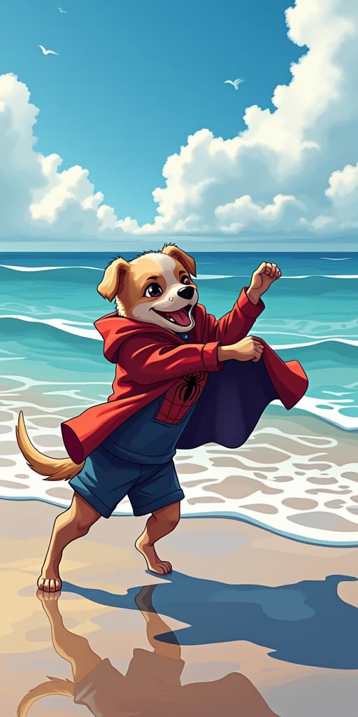  anime style, a dog spiderman cloth playing with human on beach