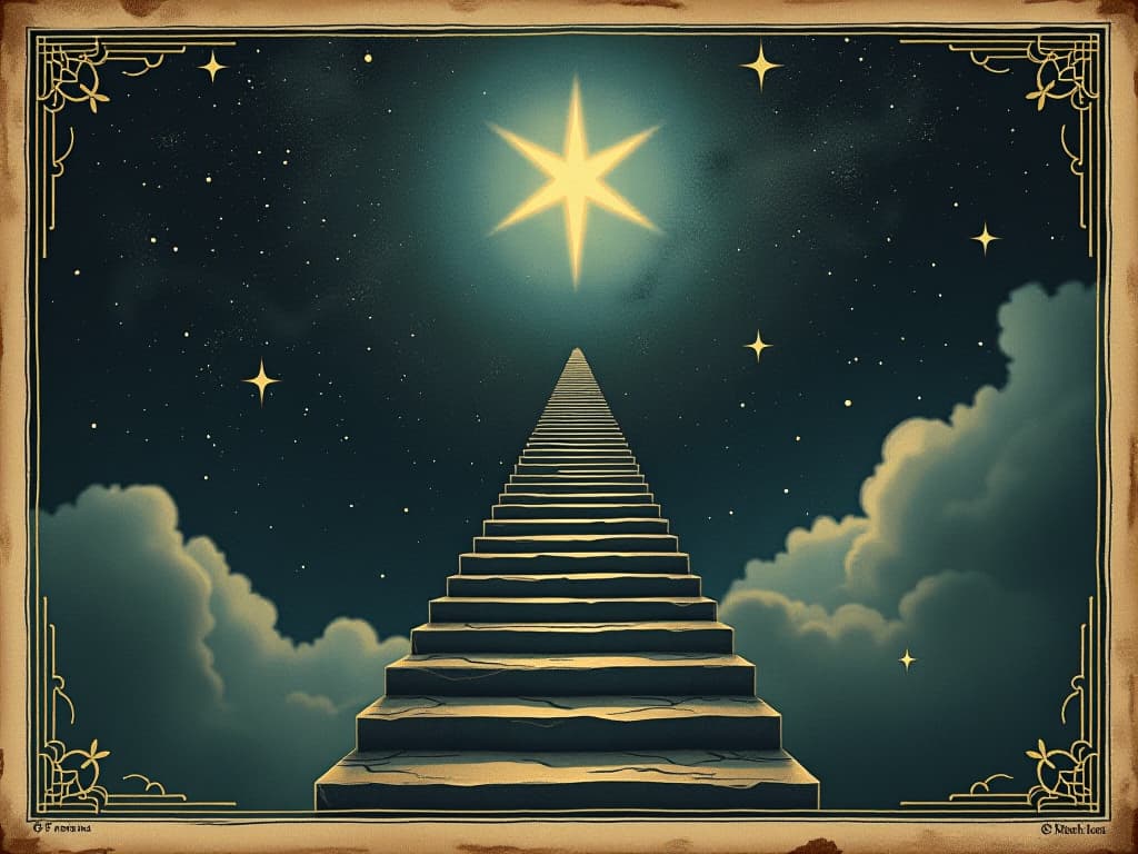  a celestial staircase ascending into a night sky filled with stars, ethereal light guiding the path, infinite and divine. an illustration in the style of a worn, mystical old tarot trump card, mysterious and elements of surrealism. the colors are muted, somber and eerie, but with contrast bring out an occult and esoteric vibe.