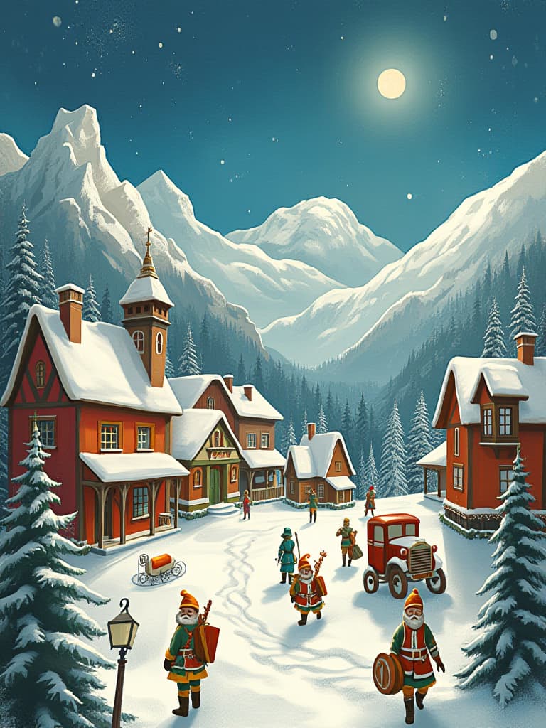  a drawing of a christmas village and characters