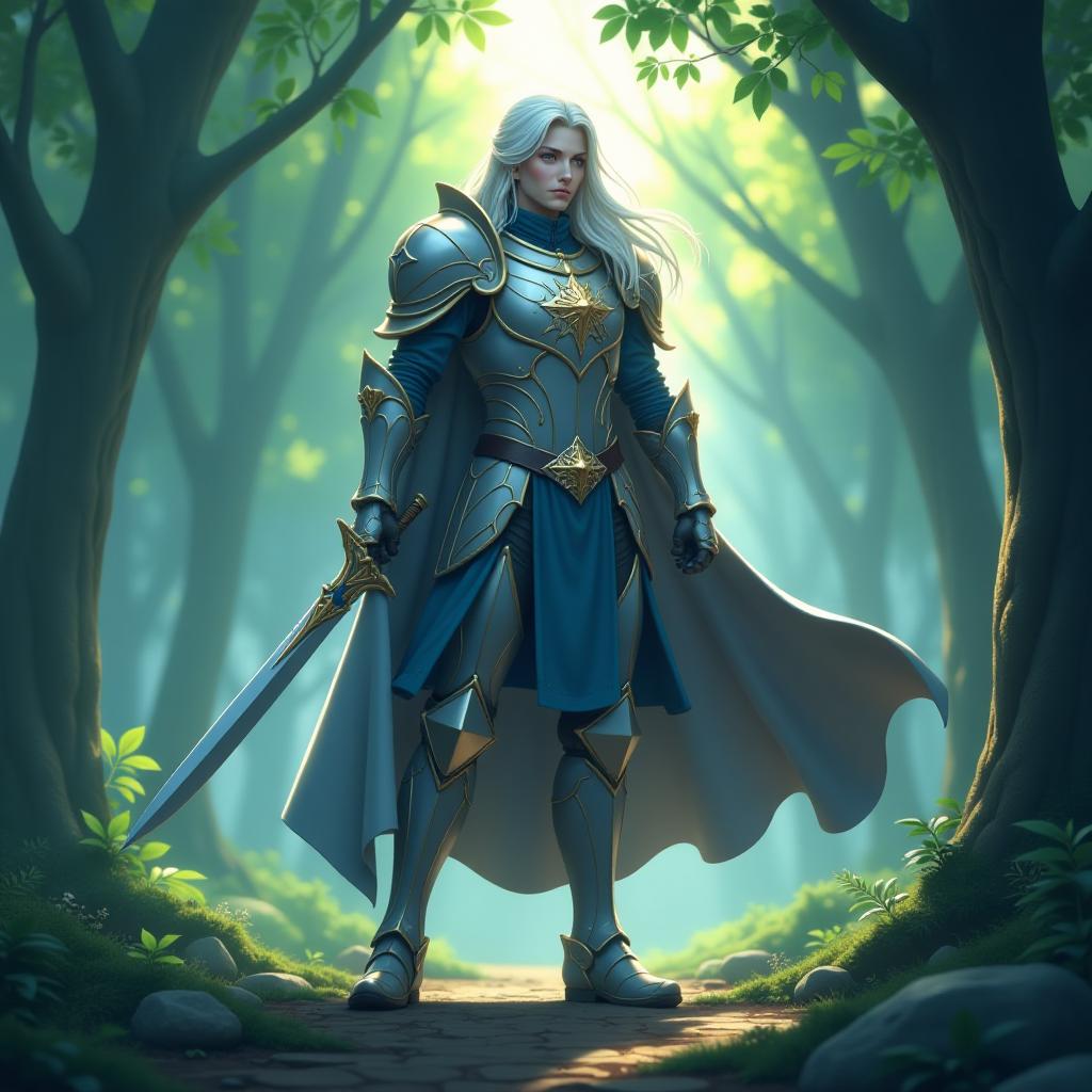  imagine a paladin character designed in a 3d anime style. this character is rendered in a majestic forest setting, emphasizing a mystical and heroic atmosphere. the composition showcases the paladin in a dynamic pose, holding a gleaming sword, with ethereal light casting dramatic shadows. the lighting is soft yet focused, highlighting the character’s detailed armor. the color palette features a primary of silver (192,192,192), a secondary of deep forest green (0,100,0), and a tertiary of royal blue (65,105,225). the mood conveys bravery and tranquility, captured from a low angle perspective to enhance the heroic stature.