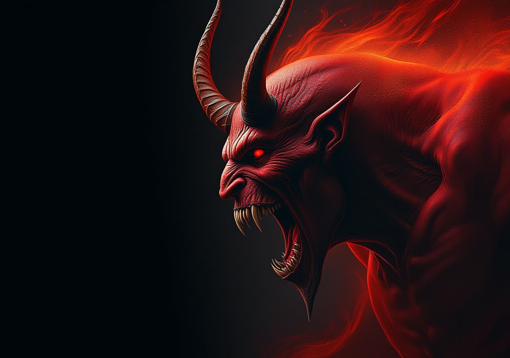  angry devil profile with copy space for text black background yelling, shouting, screaming god of evil hell concept art leviathan, astaroth, mammon, baal, high quality, high details, hd, perfect composition, 4k epic detailed, highly detailed, sharp focus, high resolution