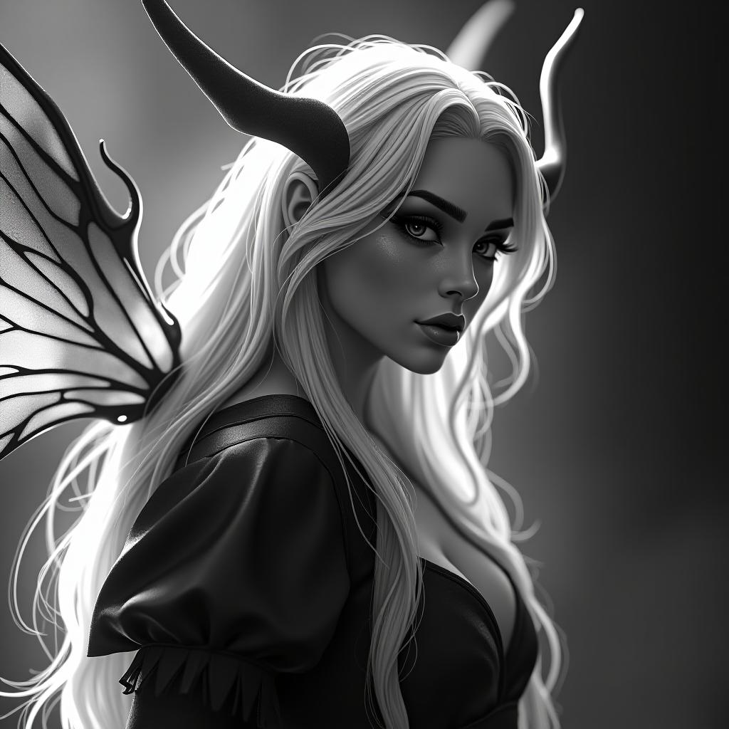  black and white vector contour of an adult, beautiful and spicy fairy with wings and a high quality, beautiful, serious face, i don't know what to do. long white hair line hyperrealistic, full body, detailed clothing, highly detailed, cinematic lighting, stunningly beautiful, intricate, sharp focus, f/1. 8, 85mm, (centered image composition), (professionally color graded), ((bright soft diffused light)), volumetric fog, trending on instagram, trending on tumblr, HDR 4K, 8K