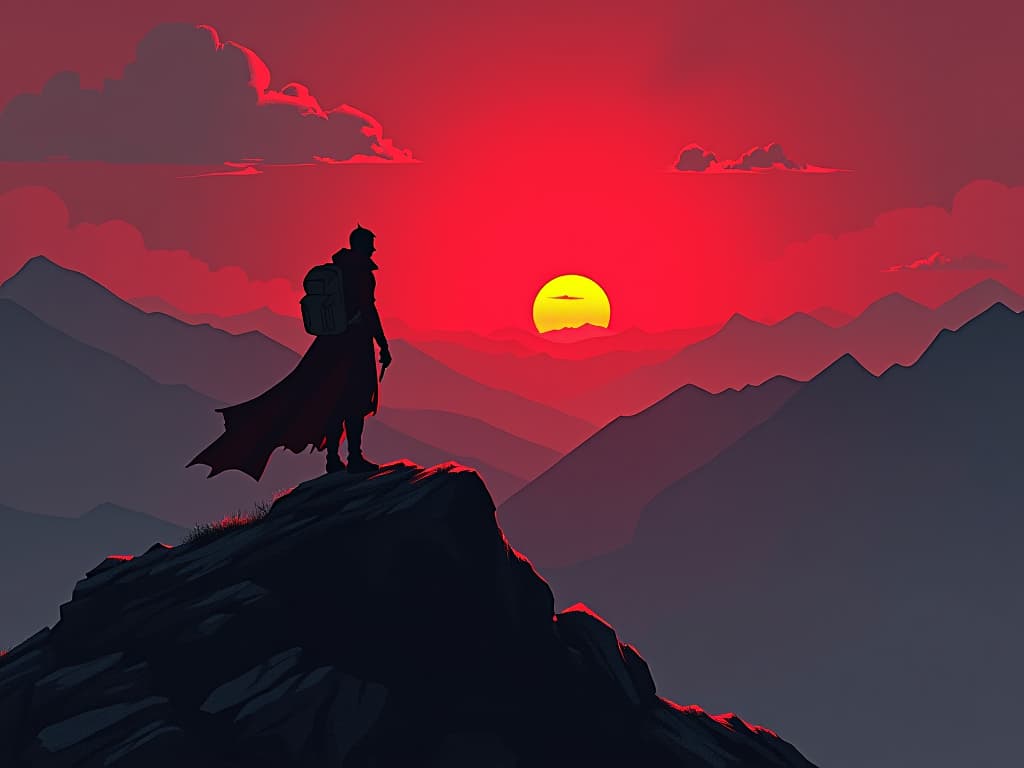  traveler in red, standing at mountain peak, sunrise breaking, air of reward and achievement. the style is digital art illustration / modern comic book / graphic dark novel fantasy and mysterious occult, symbolic, moody lighting, esoteric vibe,high detail on character design. for the color scheme emphasize blacks and reds.