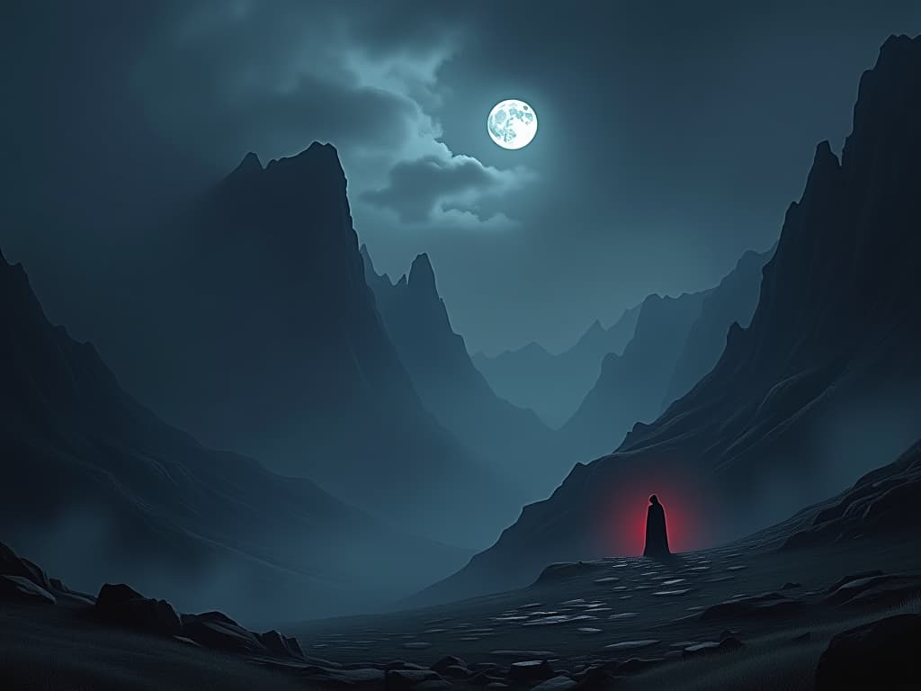  gothic landscape, dark mountains under a full moon, eerie, shrouded in mist, ancient ruins barely visible, cold and foreboding atmosphere.. the style is dark fantasy and mysterious occult, symbolic, moody lighting, esoteric vibe,high detail on character design. for the color scheme emphasize blacks and reds.