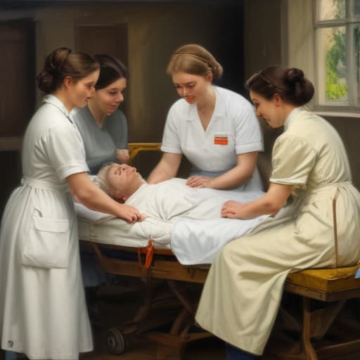 The scene could show a nurse caring for a patient, or a group of nurses working together. The painting could convey the sense of care, compassion and professionalism that characterises nursing