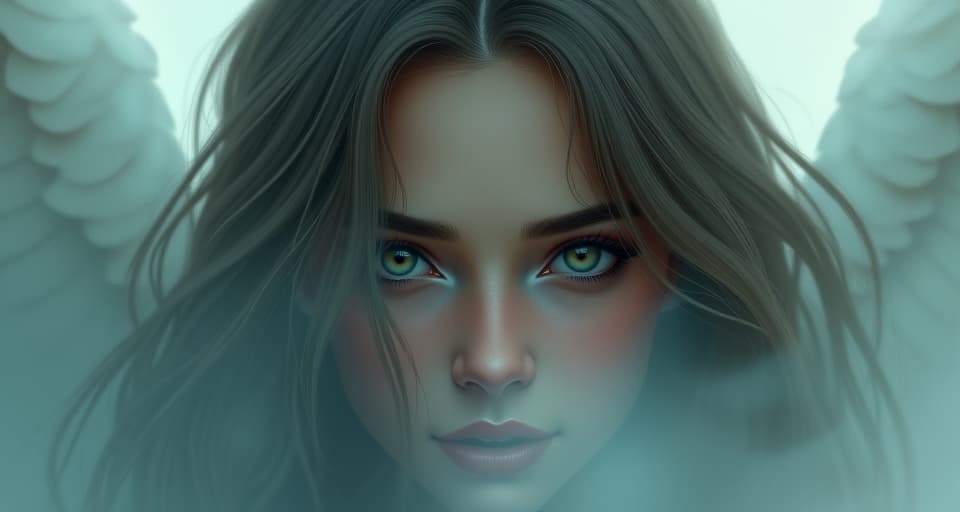  an angel with piercing eyes, looking through a shadowy mist. the serene background symbolizes the clarity with which she sees through the facade. serene background, piercing gaze, misty veil.. the style is digital art illustration,highly detailed, whimsical,magical, dreamlike atmosphere, realism and fantasy blend, smooth, glossy textures,luminous quality, wonder and enchantment.