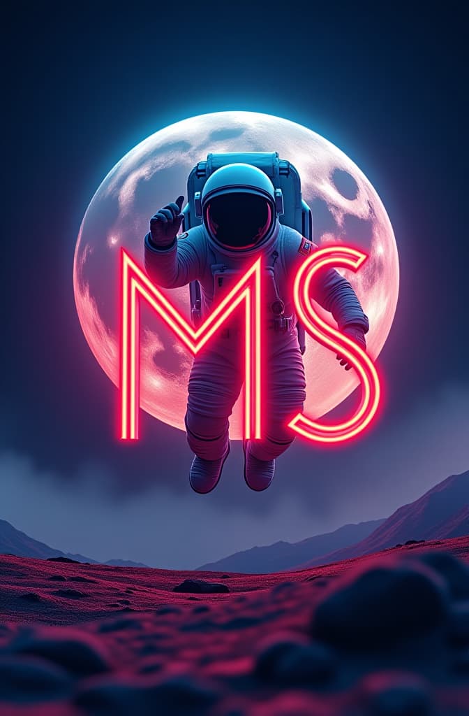  letters ms integrated. a visually captivating and striking logo design featuring astronaut matthew s. the prominent "m" and "s" of the astronaut's name are artfully combined in a sleek, stylized manner. a bold astronaut character is integrated into the design, floating in a vibrant space moon landscape hyperrealistic, full body, detailed clothing, highly detailed, cinematic lighting, stunningly beautiful, intricate, sharp focus, f/1. 8, 85mm, (centered image composition), (professionally color graded), ((bright soft diffused light)), volumetric fog, trending on instagram, trending on tumblr, HDR 4K, 8K