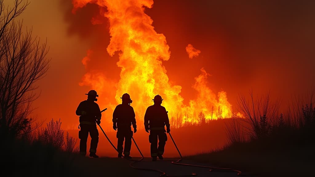  photo of a group of firefighters battling a blazing fire