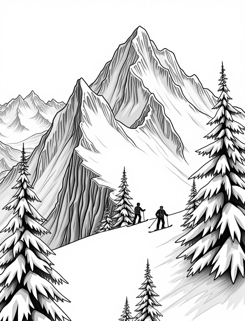  this is for an adult coloring page. a detailed black and white line art of a snowy snow covered mountain with a group of skiers descending on a solid white background.