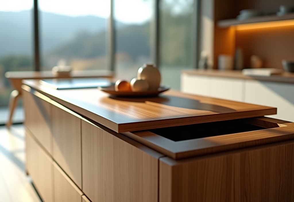  a landscape photo of a close up view of a multi functional kitchen island with built in cutting board, hidden trash bin, and extendable countertop, all in a modern, minimalist design hyperrealistic, full body, detailed clothing, highly detailed, cinematic lighting, stunningly beautiful, intricate, sharp focus, f/1. 8, 85mm, (centered image composition), (professionally color graded), ((bright soft diffused light)), volumetric fog, trending on instagram, trending on tumblr, HDR 4K, 8K