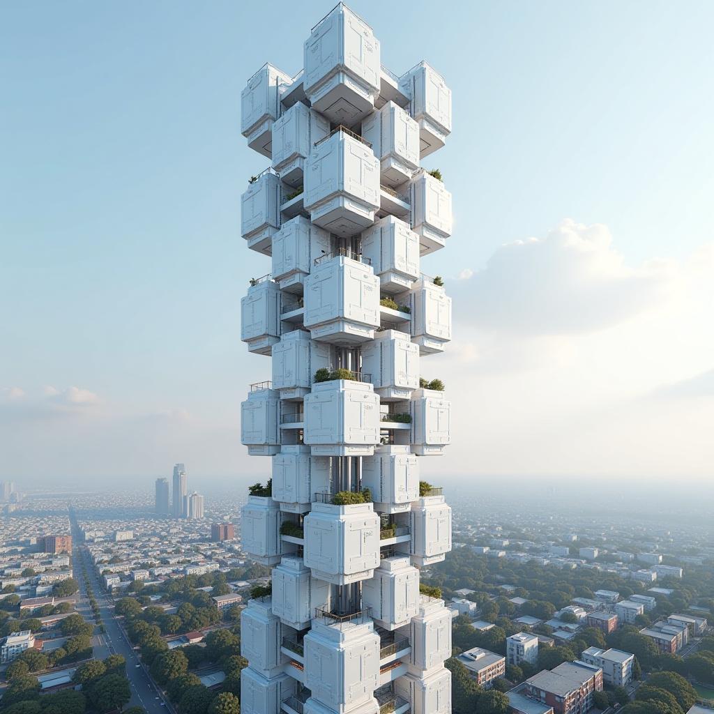  big city, high futuristic technological modular skyscraper, modules of apartments in the form of a white steel dodecahedron, side view, professional photo, 4k, high resolution, realistic