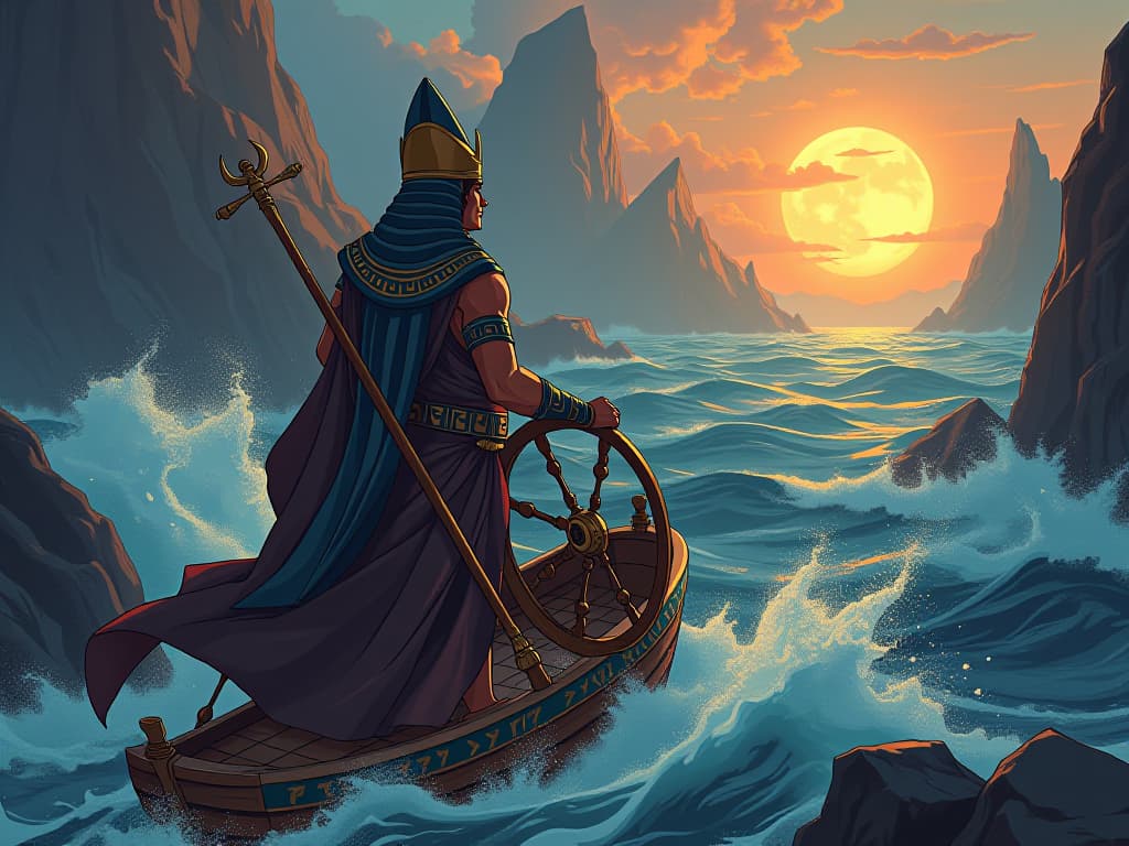  navigator skillfully guiding a ship through rocky waters, symbolizing navigating market turbulence with agility and confidence. the style is digital art illustration / modern comic book / mysterious occult, symbolic, esoteric vibe,high detail on character design, incorporating ancient egyptian symbology and attire.