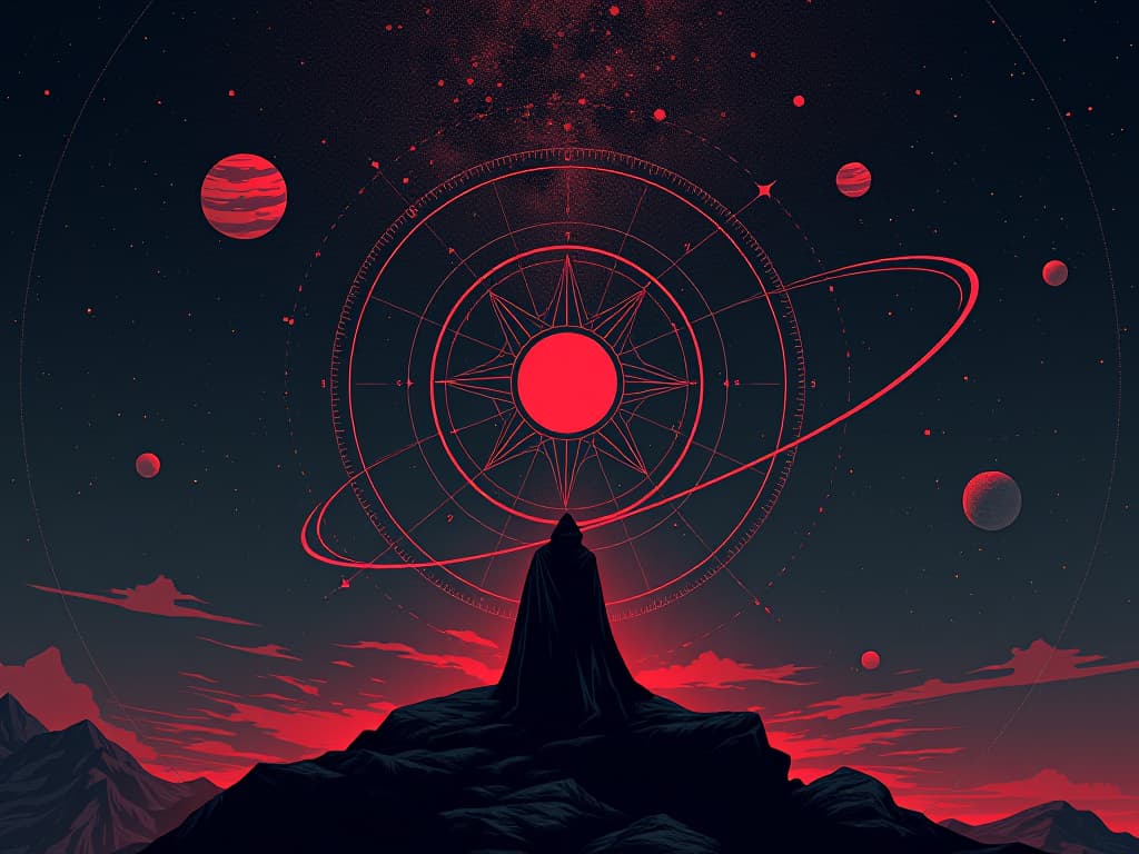  celestial alignment, stars and planets forming a pattern, night sky, sense of cosmic order. the style is digital art illustration / modern comic book / graphic dark novel fantasy and mysterious occult, symbolic, moody lighting, esoteric vibe,high detail on character design. for the color scheme emphasize blacks and reds.