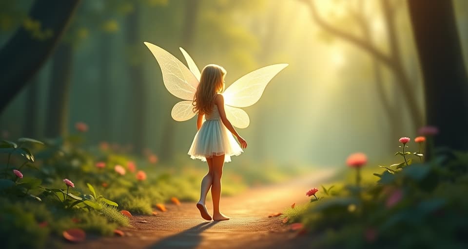  ethereal fairy with shimmering wings standing on a radiant path, soft glow surrounding her. lush, enchanted forest, calming atmosphere.. the style is digital art illustration,highly detailed, whimsical,magical, dreamlike atmosphere, realism and fantasy blend, smooth, glossy textures,luminous quality, wonder and enchantment.