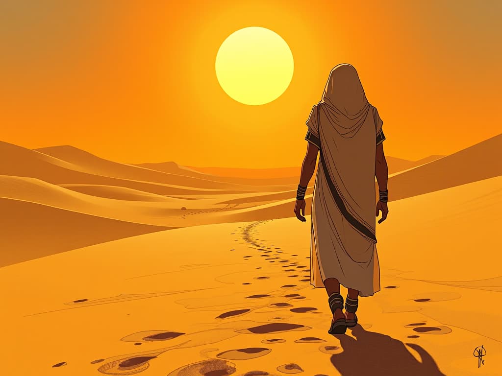  solitary figure walking through a vast, empty desert, golden sands stretching to the horizon, blazing sun overhead, feeling isolated and small against the vastness of nature. the style is digital art illustration / modern comic book / mysterious occult, symbolic, esoteric vibe,high detail on character design, incorporating ancient egyptian symbology and attire.