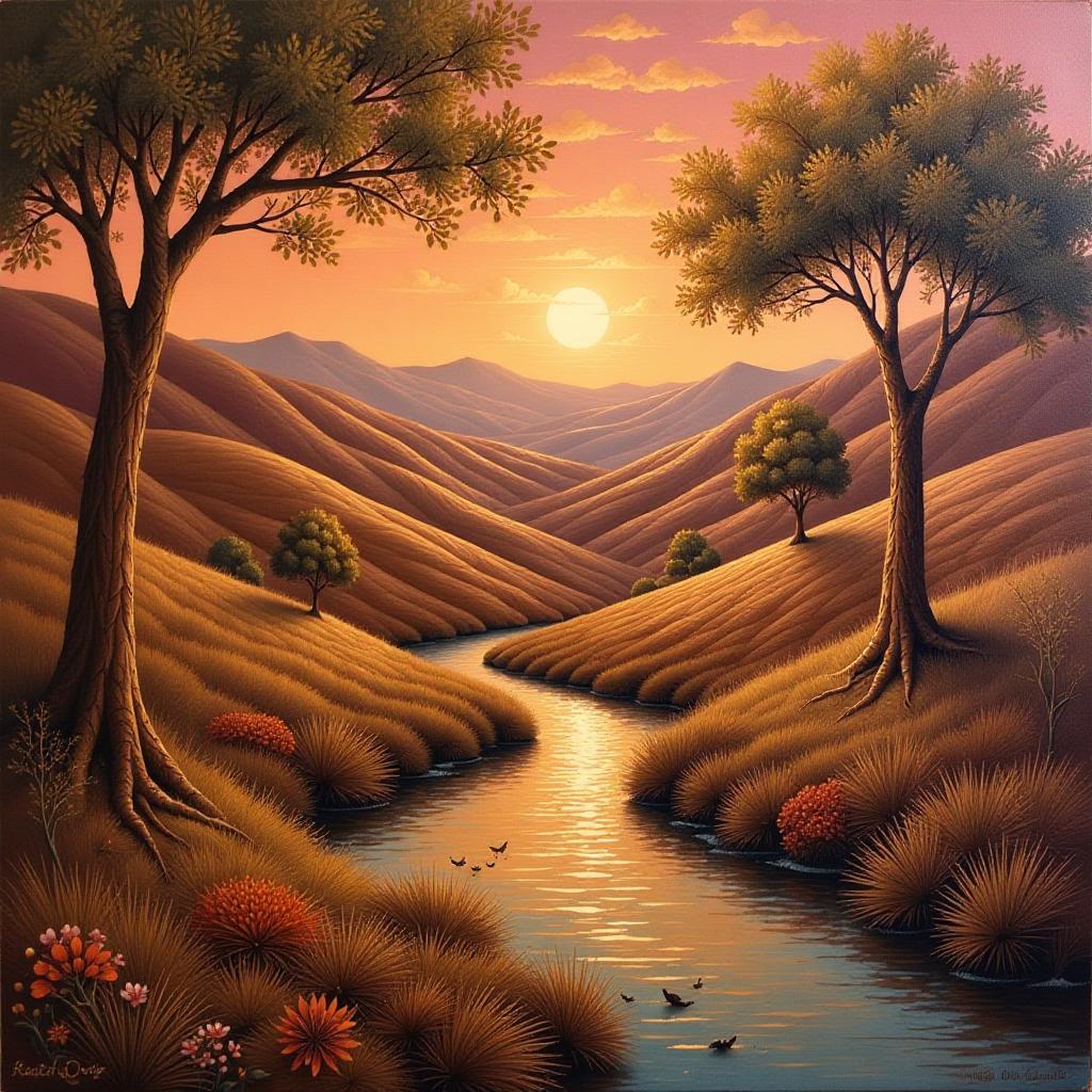  a serene, zoomed out oil painting of a richly textured leather landscape, where the natural elements of the environment merge seamlessly with leather textures. the backdrop features rolling hills made of various shades of leather, reflecting the warm, earthy colors of brown and tan. a river flows through the scene, its glistening surface resembling polished leather, while trees with trunks crafted from thick leather strips provide shade along the banks. the sky above gently transitions from deep orange to soft pink, suggesting a sunset, casting a warm glow over the entire vista, enhancing the tactile qualities of the leather elements while maintaining a harmonious and inviting atmosphere.