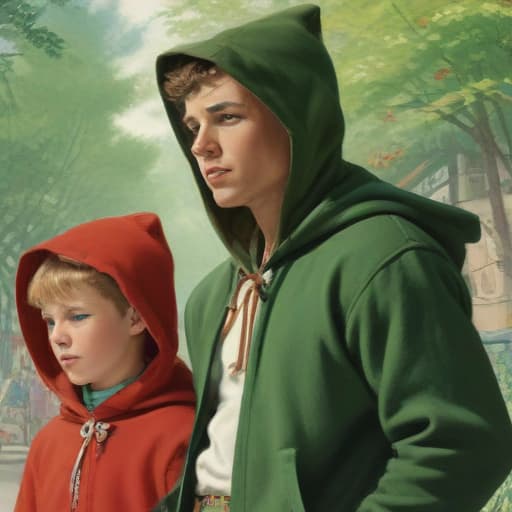 Red riding hood, Robin Hood and twink in a hoodie, cartoon, full of colour, disney, sharp focus, illustration, 50's cartoons, norman rockwell