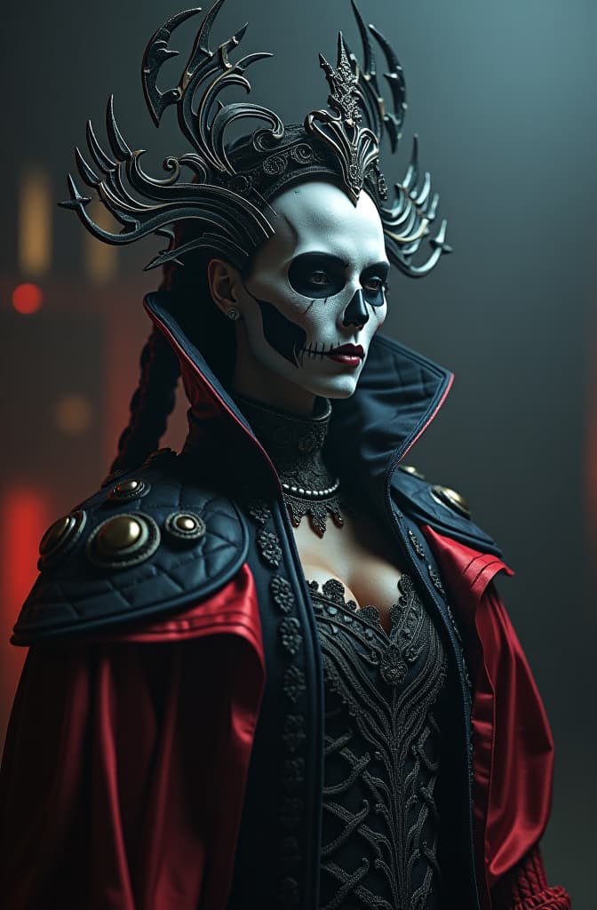  death queen hyperrealistic, full body, detailed clothing, highly detailed, cinematic lighting, stunningly beautiful, intricate, sharp focus, f/1. 8, 85mm, (centered image composition), (professionally color graded), ((bright soft diffused light)), volumetric fog, trending on instagram, trending on tumblr, HDR 4K, 8K