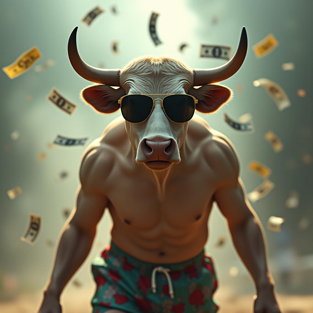  hyper realistic image of a gentleman bull wearing sun glasses and swimming shorts with money flying in the background hyperrealistic, full body, detailed clothing, highly detailed, cinematic lighting, stunningly beautiful, intricate, sharp focus, f/1. 8, 85mm, (centered image composition), (professionally color graded), ((bright soft diffused light)), volumetric fog, trending on instagram, trending on tumblr, HDR 4K, 8K