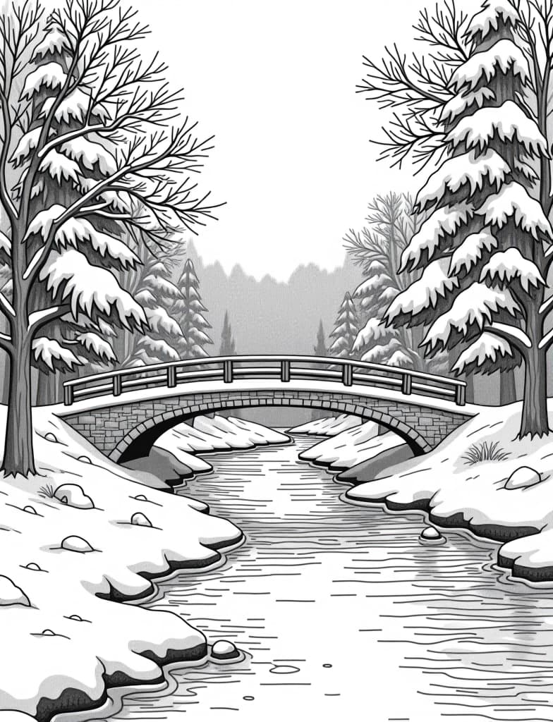  this is for an adult coloring page. a detailed black and white line art of a snowy winter scene with a snow covered bridge over a frozen river on a solid white background.