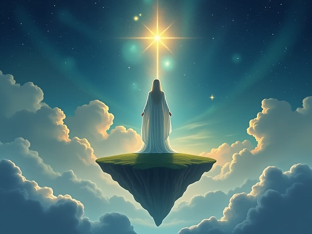  an ethereal figure in flowing robes standing on a floating island under a starlit sky, radiating trust and alignment with the universe. the scene emphasizes harmony. tranquil, celestial, harmonious.. the style is digital art illustration,highly detailed, whimsical,magical, dreamlike atmosphere, realism and fantasy blend, smooth, glossy textures,luminous quality, wonder and enchantment.