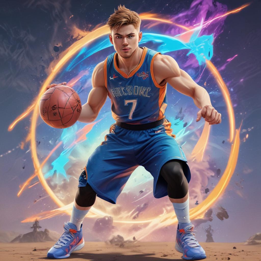 distance-shot, flashy, full-body, dynamic, holographic, animated cartoon poster of luka doncic in the style of dragon ball super