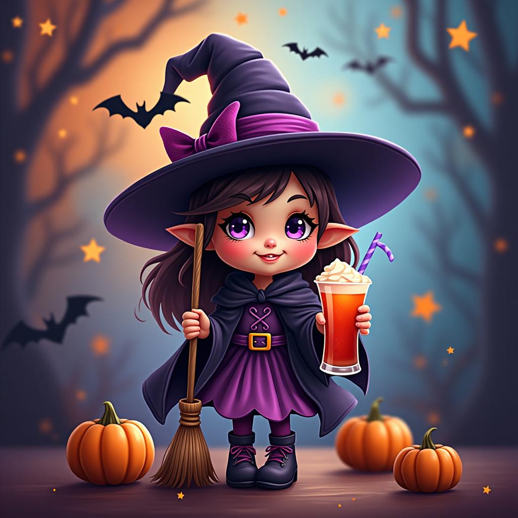  create a digital painting featuring a cute witch character. the witch should be wearing a hat. in one hand, the witch should hold a broomstick, and in the other hand, a halloween themed drink. the background should be colorful and include small black bats, pumpkins and stars to add a playful halloween touch. the overall style should be cute, whimsical, and colorful hyperrealistic, full body, detailed clothing, highly detailed, cinematic lighting, stunningly beautiful, intricate, sharp focus, f/1. 8, 85mm, (centered image composition), (professionally color graded), ((bright soft diffused light)), volumetric fog, trending on instagram, trending on tumblr, HDR 4K, 8K