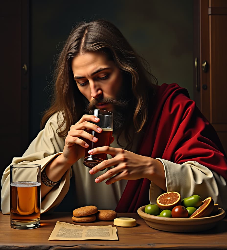  drunk jesus christ smelling on a table