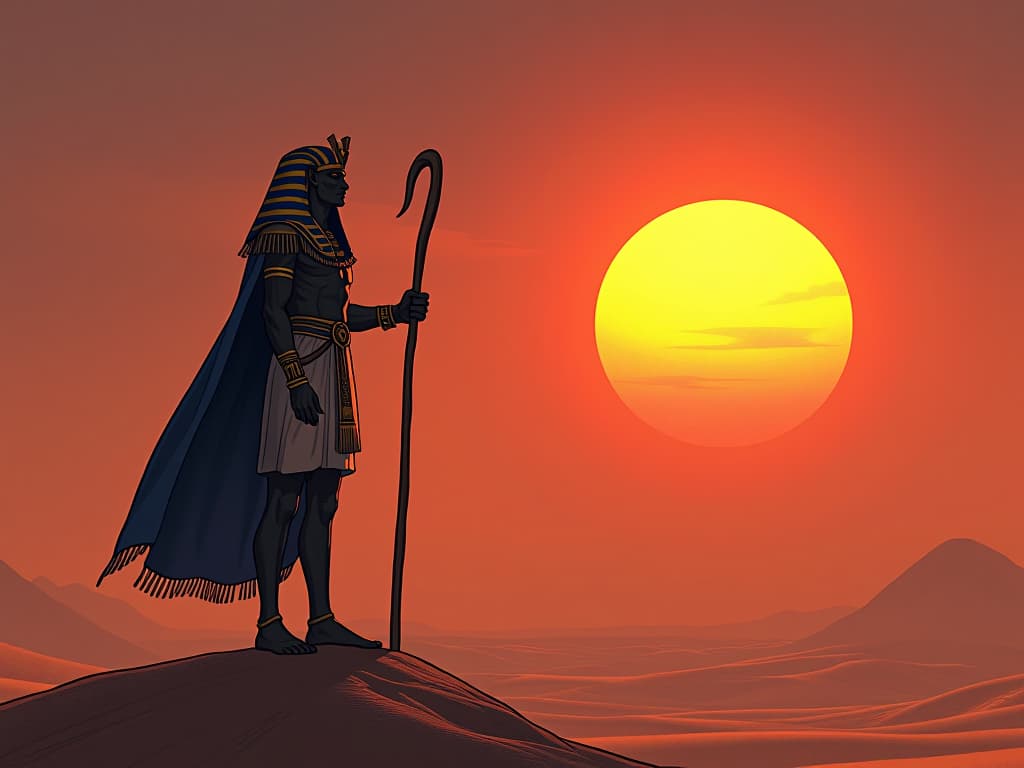  a stoic pharaoh with a golden crook and flail, standing atop a sand dune overlooking a vast desert, fiery sunset in the background, representing challenges and triumphs as a grand plan. the style is digital art illustration / modern comic book / mysterious occult, symbolic, esoteric vibe,high detail on character design, incorporating ancient egyptian symbology and attire.