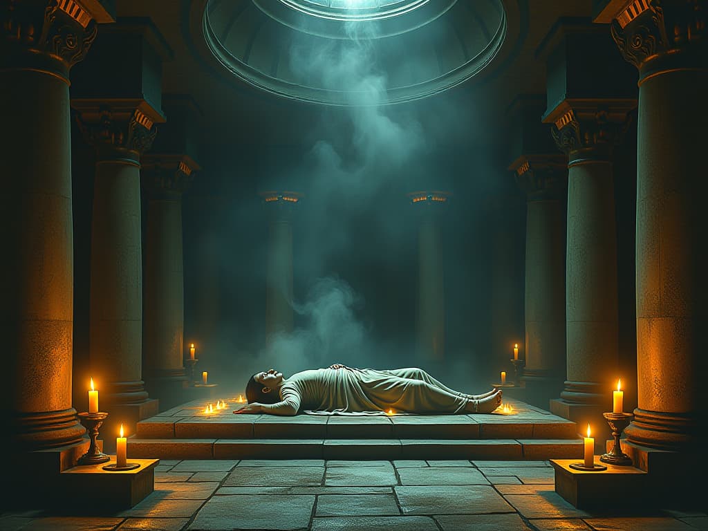  a sacred interior of an ancient temple, a figure lying on a stone platform, surrounded by dim candlelight and incense smoke, atmosphere of solemnity and expectation, sacred space. an illustration in the style of a worn, mystical old tarot trump card, mysterious and elements of surrealism. the colors are muted, somber and eerie, but with contrast bring out an occult and esoteric vibe.