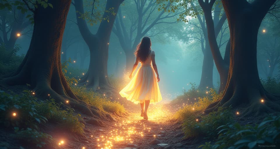  a luminous, empowered figure walking along a glowing path in an enchanted forest. the surroundings enhance the sense of purpose and alignment with the magical ambiance.. the style is digital art illustration,highly detailed, whimsical,magical, dreamlike atmosphere, realism and fantasy blend, smooth, glossy textures,luminous quality, wonder and enchantment.