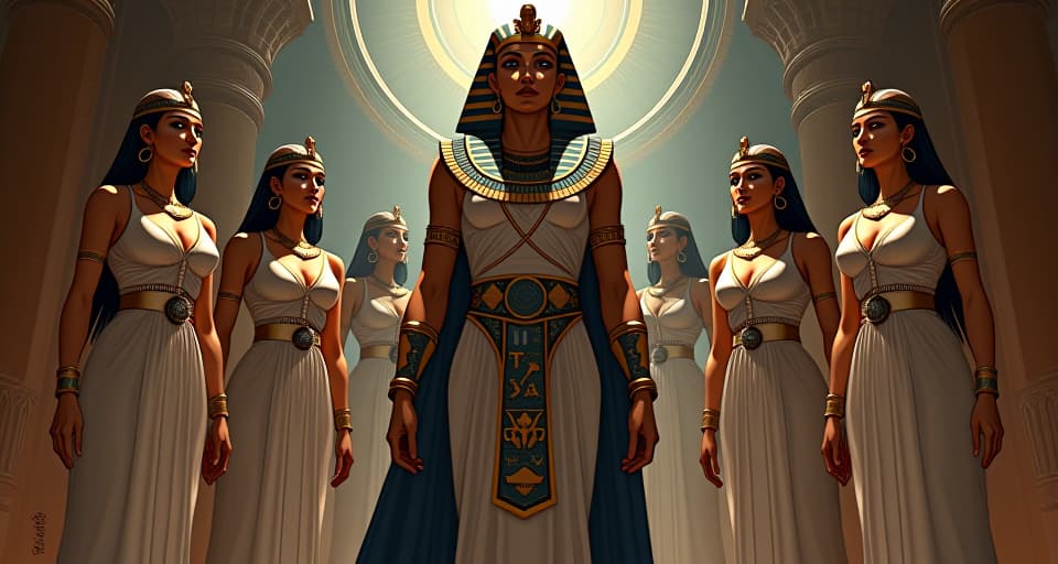  a pharaoh, standing tall and resolute, surrounded by large busted priestesses in form fitting dresses, symbolizing spiritual strength and their supportive network.. the style is digital art illustration / modern comic book / mysterious occult, symbolic, esoteric vibe,high detail on character design, incorporating ancient egyptian symbology and attire.