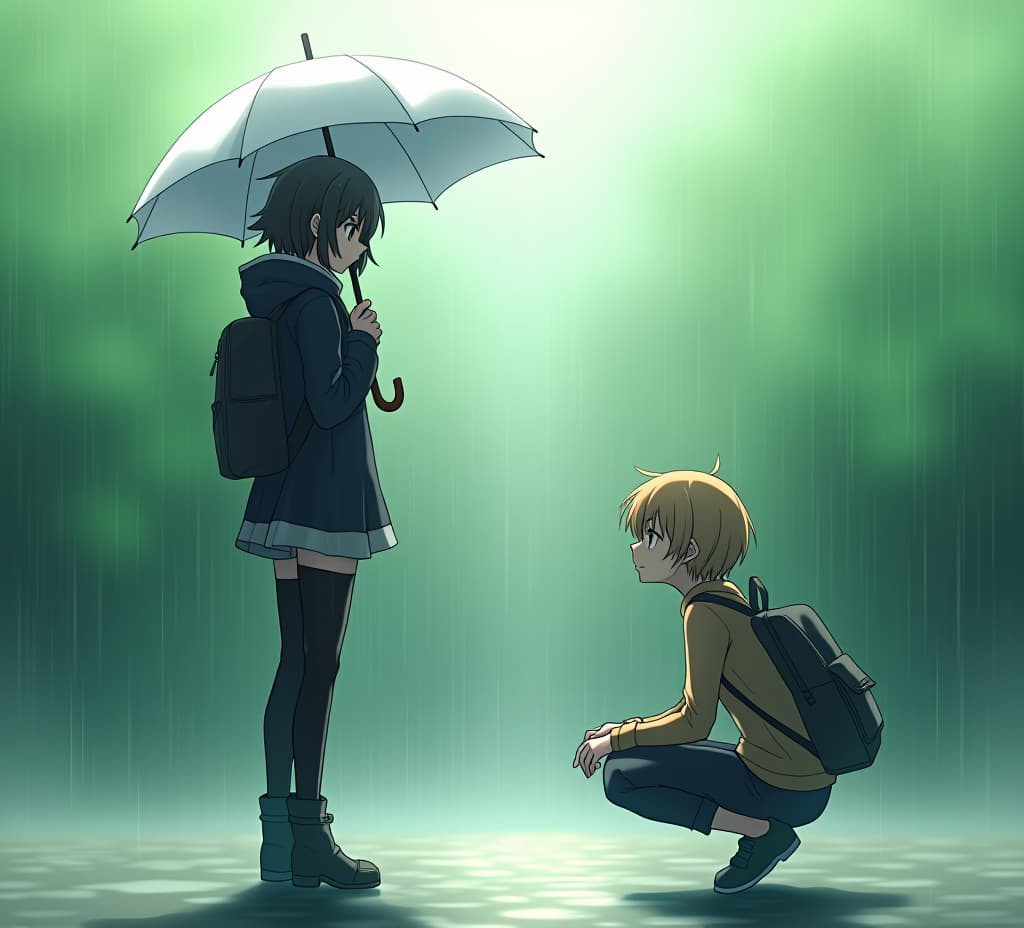  two anime characters in a serene, rainy setting. one character is standing with a white umbrella, wearing a black outfit and looking thoughtfully at the other character who is crouching with a backpack. the background features soft green hues with a slightly blurred effect, giving a dreamy atmosphere. use intricate line work, vibrant colors, and a mix of realism and anime style. add a slight magical aura around the characters to make the scene more whimsical.