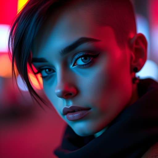  ultra realistic close up portrait ((beautiful pale cyberpunk female with heavy black eyeliner)), blue eyes, shaved side haircut, hyper detail, cinematic lighting, magic neon, dark red city, canon eos r3, nikon, f/1.4, iso 200, 1/160s, 8k, raw, unedited, symmetrical balance, in frame, 8k hyperrealistic, full body, detailed clothing, highly detailed, cinematic lighting, stunningly beautiful, intricate, sharp focus, f/1. 8, 85mm, (centered image composition), (professionally color graded), ((bright soft diffused light)), volumetric fog, trending on instagram, trending on tumblr, HDR 4K, 8K