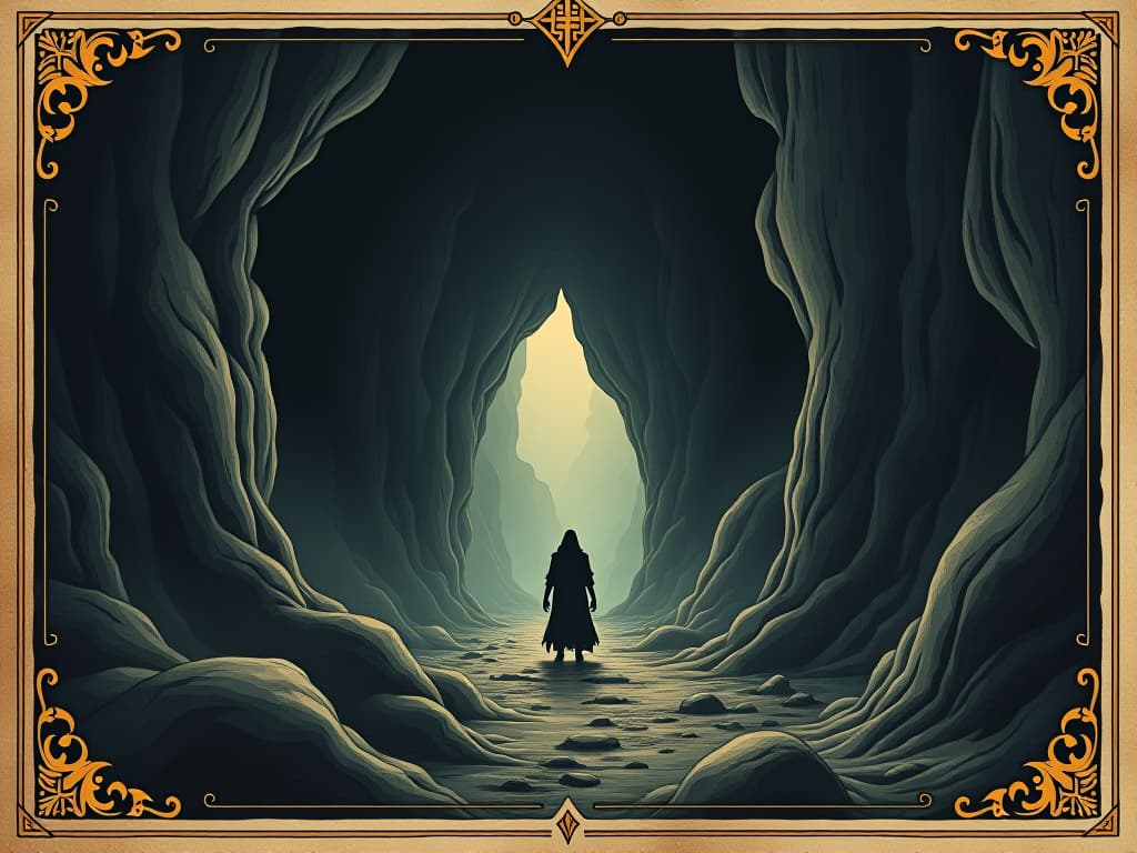  dark cave entrance, eerie shadows, a distant whisper, unknown depths, foreboding. an illustration in the style of a worn, mystical old tarot trump card, mysterious and elements of surrealism. the colors are muted, somber and eerie, but with contrast bring out an occult and esoteric vibe.