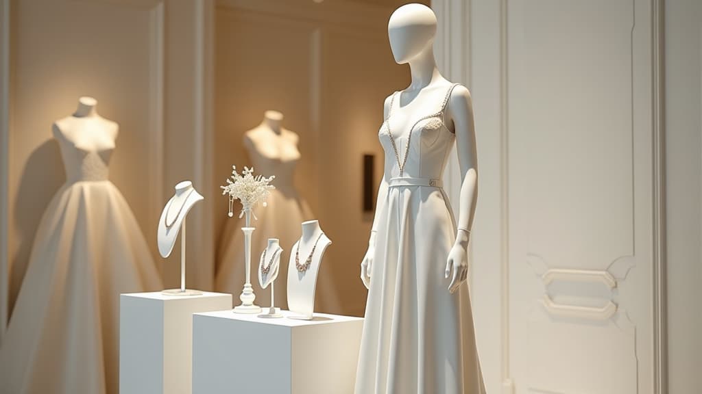  create an image with the following specifications: main subject: description: a stylish mannequin wearing a sleek, modern wedding dress with three distinct jewelry sets displayed nearby. style: contemporary and elegant. setting: location: upscale bridal boutique interior. composition: framing: wide shot showcasing the mannequin and jewelry displays. style: art movement: minimalism. technique: high key photography. atmosphere: mood: sophisticated and inspiring. color palette: dominant colors: white, silver, gold, rose gold. mood: clean and luxurious. details: foreground: three distinct jewelry sets on elegant display stands. background: soft focus bridal boutique interior with subtle lighting. technical specs: aspect ratio: 16:9. ne hyperrealistic, full body, detailed clothing, highly detailed, cinematic lighting, stunningly beautiful, intricate, sharp focus, f/1. 8, 85mm, (centered image composition), (professionally color graded), ((bright soft diffused light)), volumetric fog, trending on instagram, trending on tumblr, HDR 4K, 8K