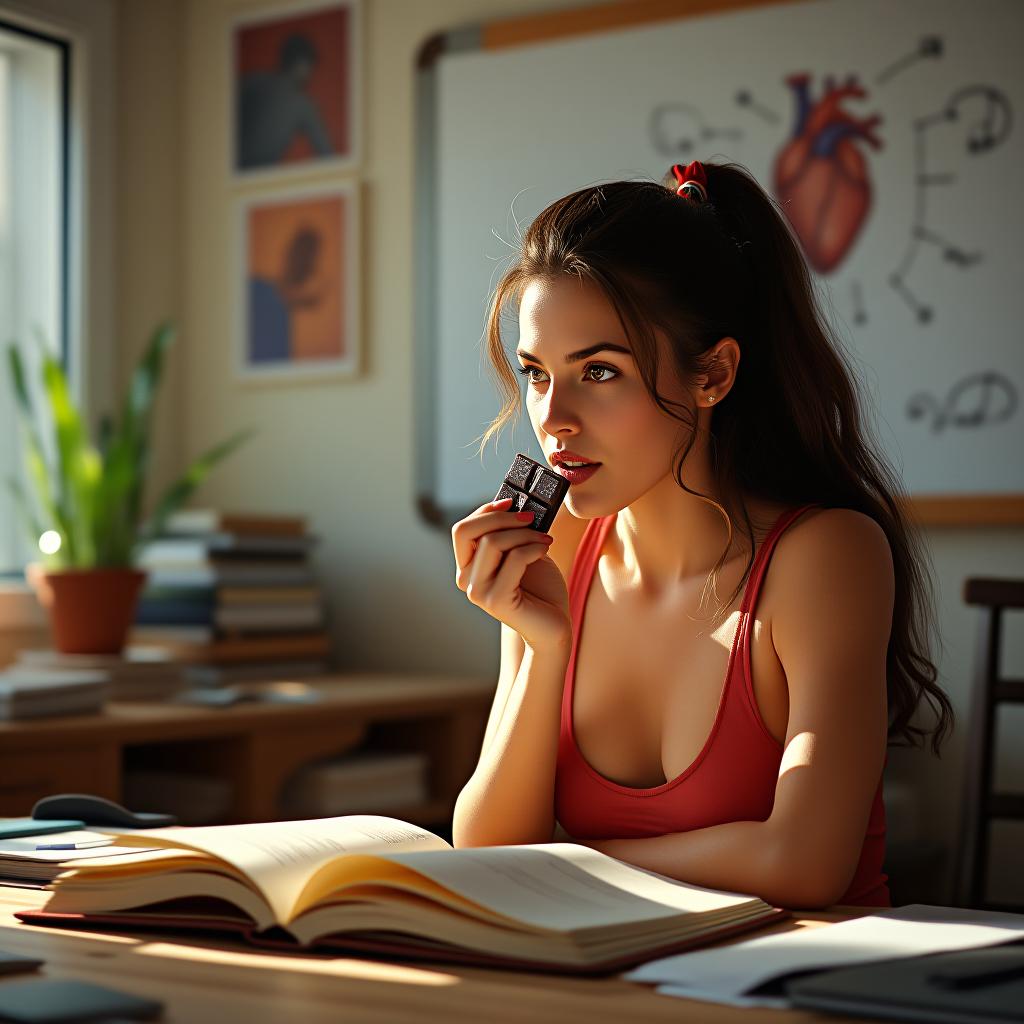  create a high quality, photorealistic image that vividly depicts the following scene: 'a vivid image of an active, wellness minded woman savoring a square of bittersweet chocolate during her intense study break. her radiant complexion visible under the mellow morning light comings from a side window underscores the magical impact of antioxidants. deep, expressive eyes shining with intelligence, emphasizing the cognitive benefits of her snack. fluttering pages of an open textbook, scribbled notes spread around capture the depth of her educational pursuit. a precise sketch of the human heart on a whiteboard delivers a relevant and whimsical background, signifying the cardiovascular advantages connected to her lifestyle. shot on nikon d85 hyperrealistic, full body, detailed clothing, highly detailed, cinematic lighting, stunningly beautiful, intricate, sharp focus, f/1. 8, 85mm, (centered image composition), (professionally color graded), ((bright soft diffused light)), volumetric fog, trending on instagram, trending on tumblr, HDR 4K, 8K