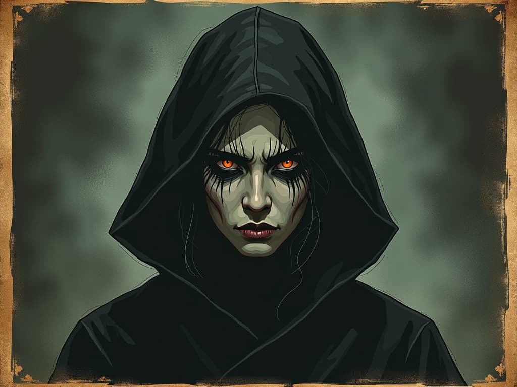  figure with an aura of concealed jealousy, eyes glistening with unseen envy, dark, misty background, subtle glare of disdain. an illustration in the style of a worn, mystical old tarot trump card, mysterious and elements of surrealism. the colors are muted, somber and eerie, but with contrast bring out an occult and esoteric vibe.