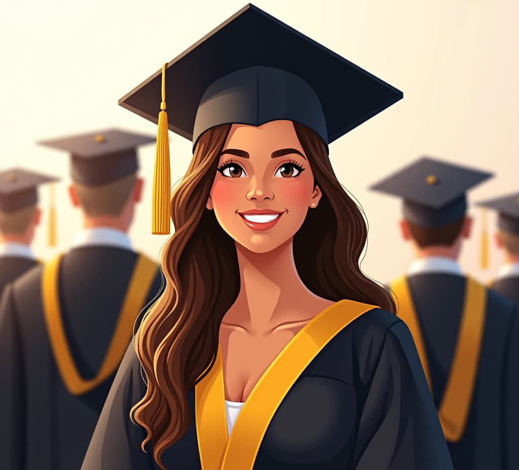  illustration portrait of cheerful young lady in black and yellow graduation gown with cap against of other graduate