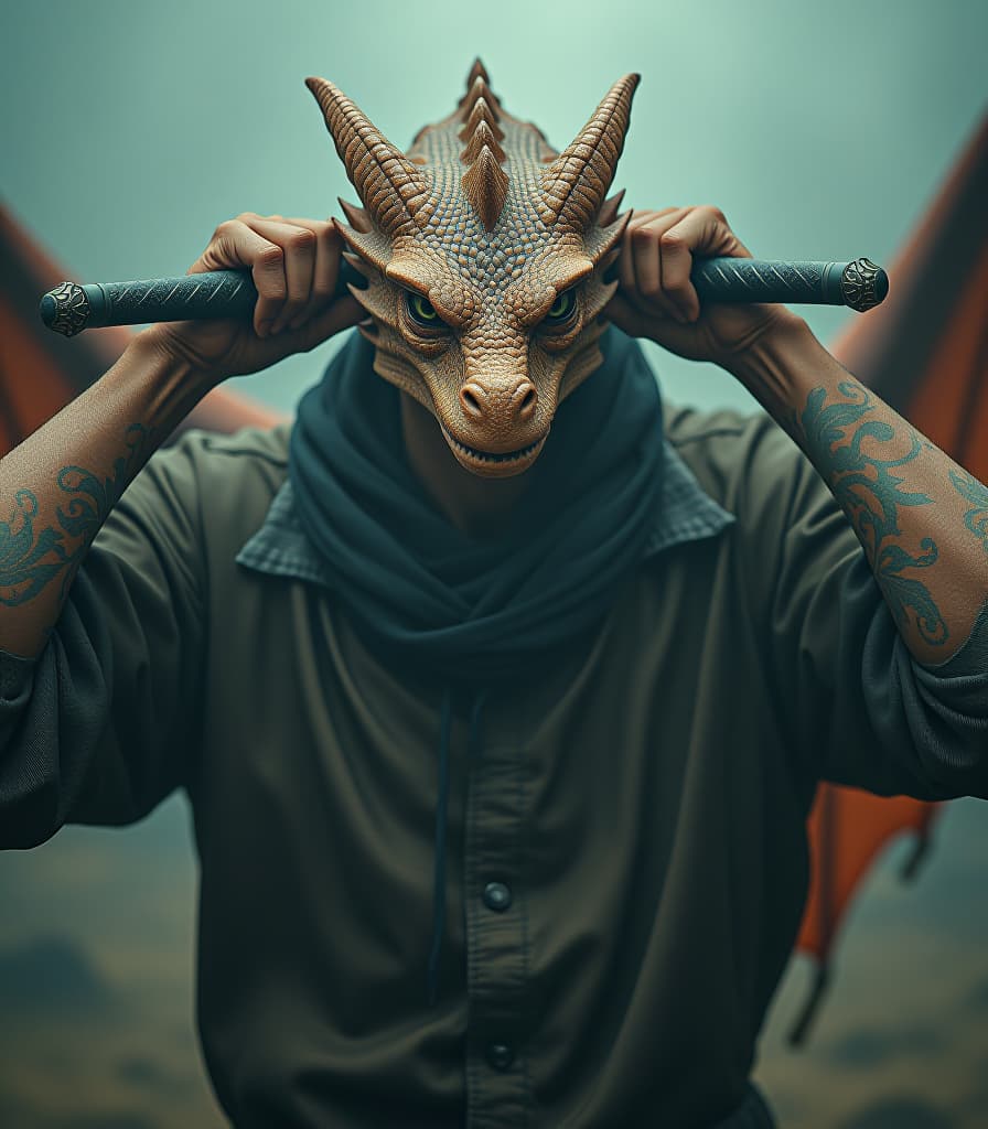  a psychiatrist, crazy dragonoid, latches, two hands of a two handed sword, swinging over his head, battlefield hyperrealistic, full body, detailed clothing, highly detailed, cinematic lighting, stunningly beautiful, intricate, sharp focus, f/1. 8, 85mm, (centered image composition), (professionally color graded), ((bright soft diffused light)), volumetric fog, trending on instagram, trending on tumblr, HDR 4K, 8K