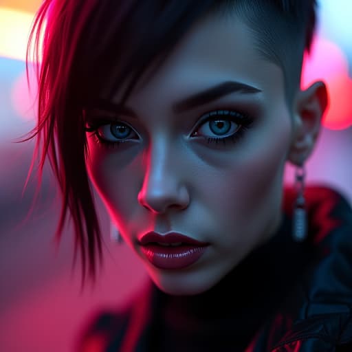  ultra realistic close up portrait ((beautiful pale cyberpunk female with heavy black eyeliner)), blue eyes, shaved side haircut, hyper detail, cinematic lighting, magic neon, dark red city, canon eos r3, nikon, f/1.4, iso 200, 1/160s, 8k, raw, unedited, symmetrical balance, in frame, 8k hyperrealistic, full body, detailed clothing, highly detailed, cinematic lighting, stunningly beautiful, intricate, sharp focus, f/1. 8, 85mm, (centered image composition), (professionally color graded), ((bright soft diffused light)), volumetric fog, trending on instagram, trending on tumblr, HDR 4K, 8K