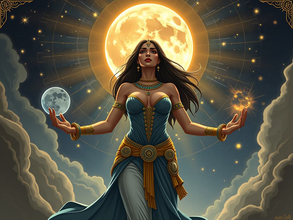  a celestial scene with interconnected realities, a large busted enchantress in form fitting attire, hands weaving the fabric of existence, mood of profound transformation. the style is digital art illustration / modern comic book / mysterious occult, symbolic, esoteric vibe,high detail on character design, incorporating ancient egyptian symbology and attire.