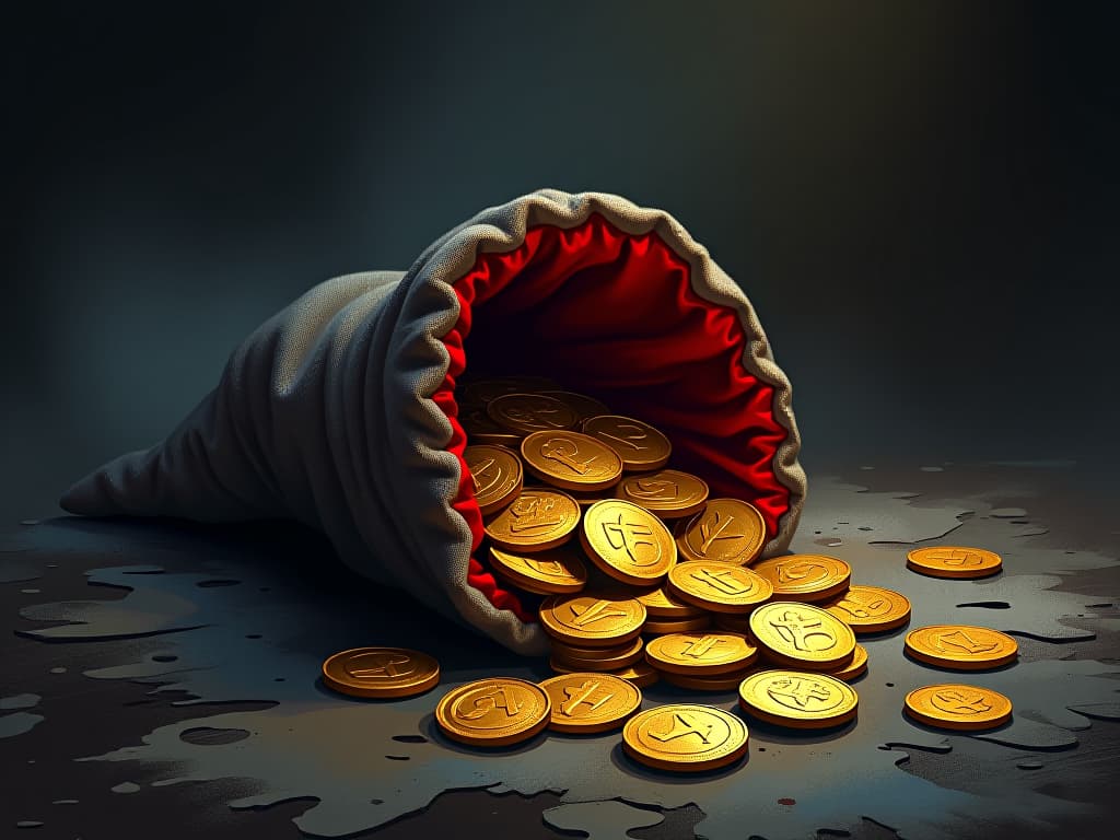  bag of gold coins with red satin lining, spilled across a tarnished altar, dimly lit, sense of ill gotten gain. the style is digital art illustration / modern comic book / graphic dark novel fantasy and mysterious occult, symbolic, moody lighting, esoteric vibe,high detail on character design. for the color scheme emphasize blacks and reds.