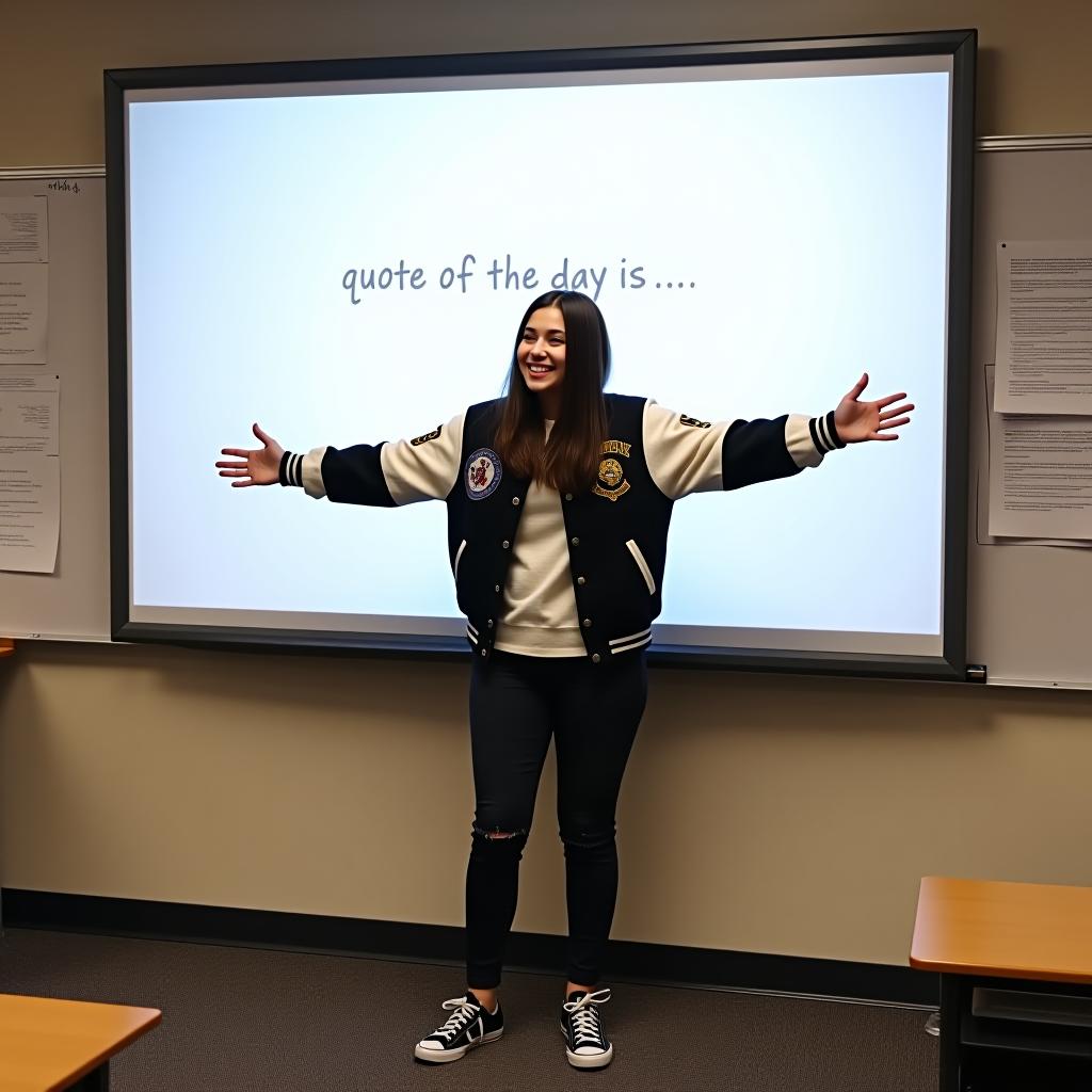  the image features a person, likely a student, standing in front of a large interactive whiteboard or smartboard in what appears to be a classroom. the individual is dressed in a varsity jacket with patches on the sleeves, black jeans, and sneakers. they are gesturing towards the screen with both arms extended, as if presenting something to the class. displayed on the whiteboard is a partially written phrase in a casual, handwritten style font: "quote of the day is..." the phrase seems to set the stage for a daily motivational or inspirational quote, though the actual quote isn't provided, leaving it open ended. in the background, there are some notes and papers posted on the classroom wall, adding to the academic setting. the overall mood