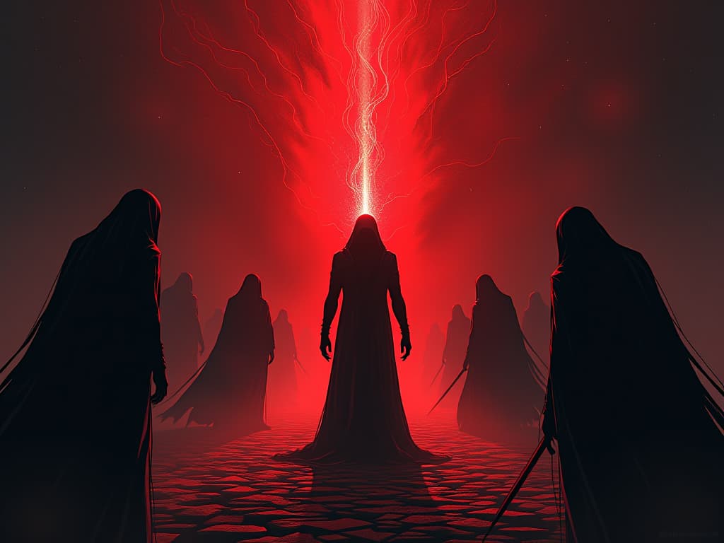  figure in red radiating energy, but multiple shadowy figures siphoning from it, diminishing force. the style is digital art illustration / modern comic book / graphic dark novel fantasy and mysterious occult, symbolic, moody lighting, esoteric vibe,high detail on character design. for the color scheme emphasize blacks and reds.