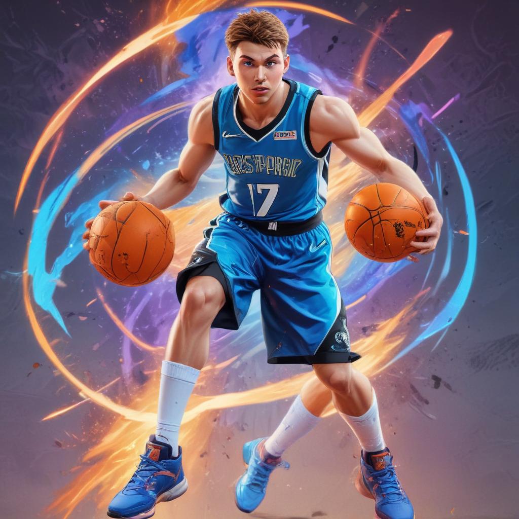 distance-shot, flashy, full-body, dynamic, holographic, animated cartoon poster of luka doncic in the style of dragon ball super