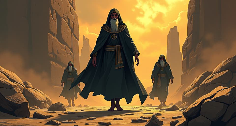  rocky ground slipping away from under feet of distressed elders, faces filled with panic, unstable terrain, depicting failing schemes. the style is digital art illustration / modern comic book / mysterious occult, symbolic, esoteric vibe,high detail on character design, incorporating ancient egyptian symbology and attire.