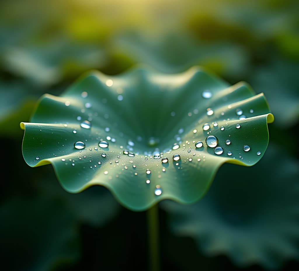  on the lotus leaf in the morning, the dew is crystal clear, shining like small drops of water, showing the tranquility and beauty of nature