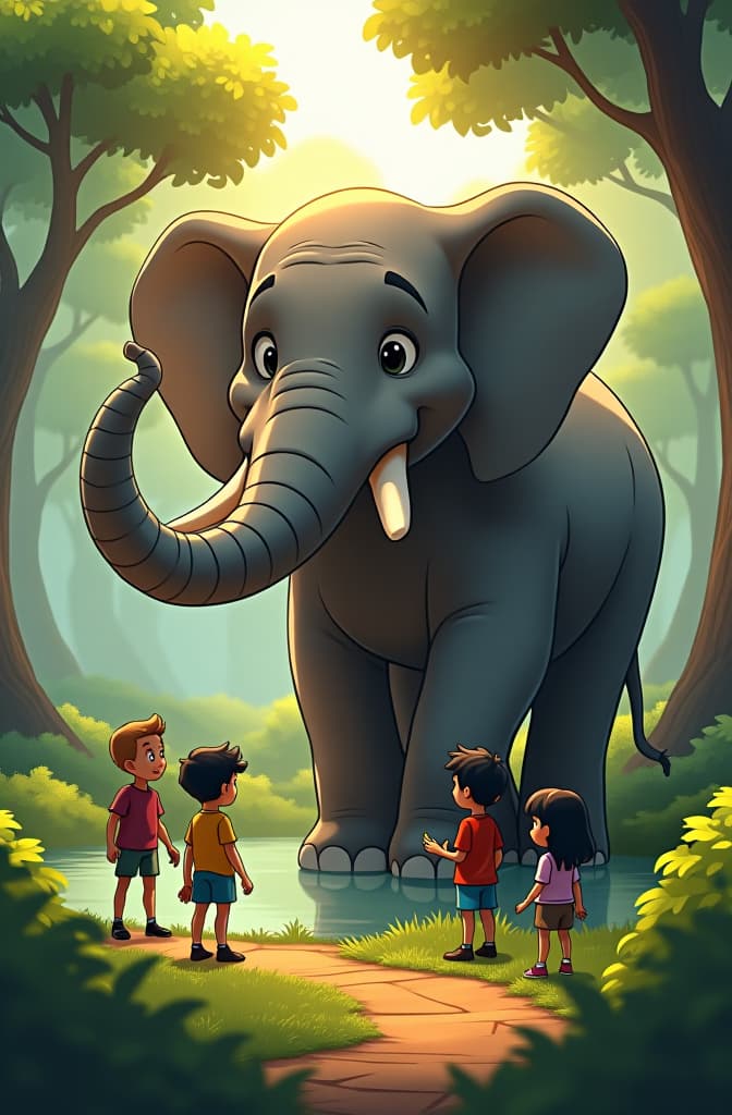  a 3d cartoon forest scene with a giant, friendly elephant near a small lake. the elephant is using its long trunk to grab leaves. four children and a teacher are standing nearby, looking at the elephant. one of the children is holding a banana, as if offering it to the elephant. the background shows trees, bushes, and the lake, with warm sunlight highlighting the scene., marvel comic panel, dc animated comic panel, comic panel, manga and manhwa style panel, portrait, young person face, style for marvel comic, anime comic panel style hyperrealistic, full body, detailed clothing, highly detailed, cinematic lighting, stunningly beautiful, intricate, sharp focus, f/1. 8, 85mm, (centered image composition), (professionally color graded), ((bright soft diffused light)), volumetric fog, trending on instagram, trending on tumblr, HDR 4K, 8K